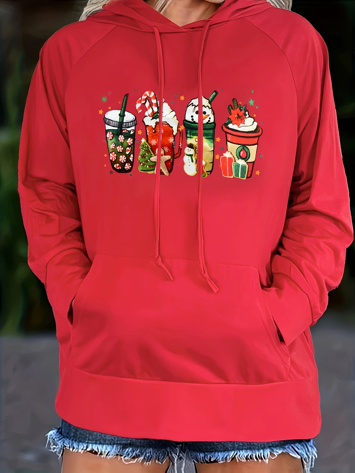 Women's Plus Size Christmas Hooded Top – Coffee Print additional product view