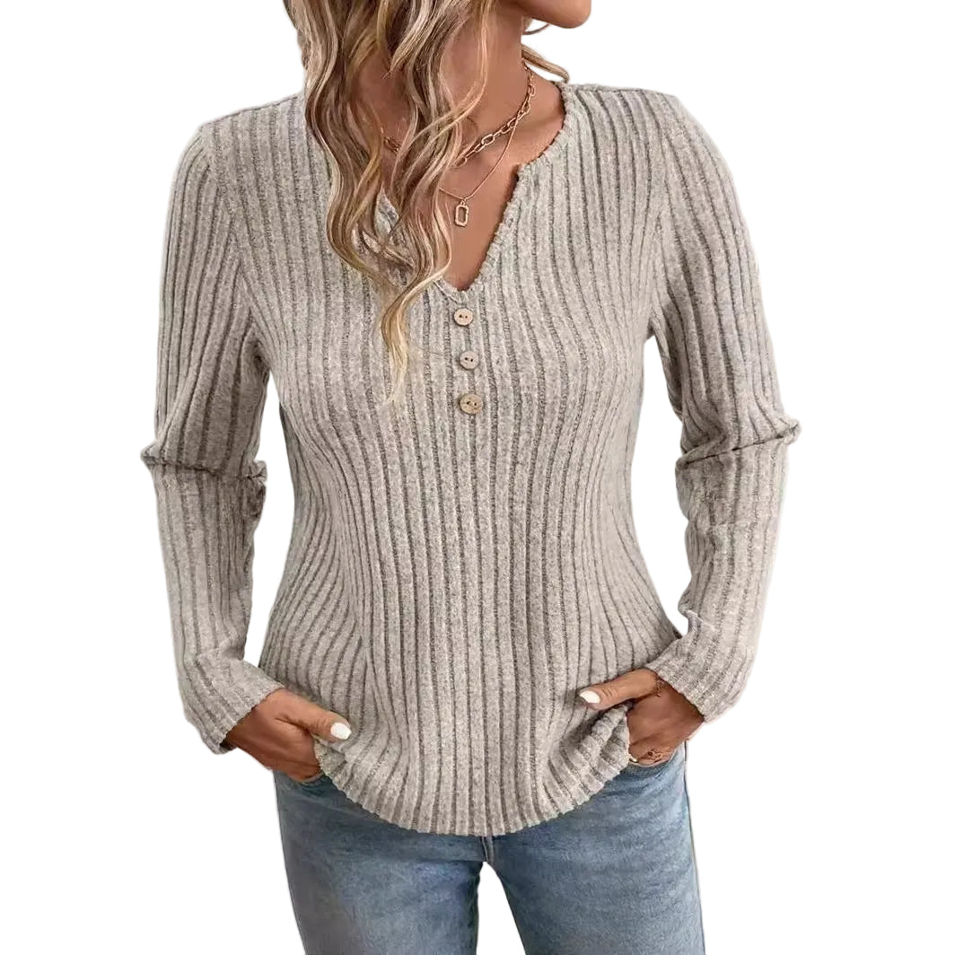 V-Neck Button Knit Top with Ribbed Stripe Detail product image