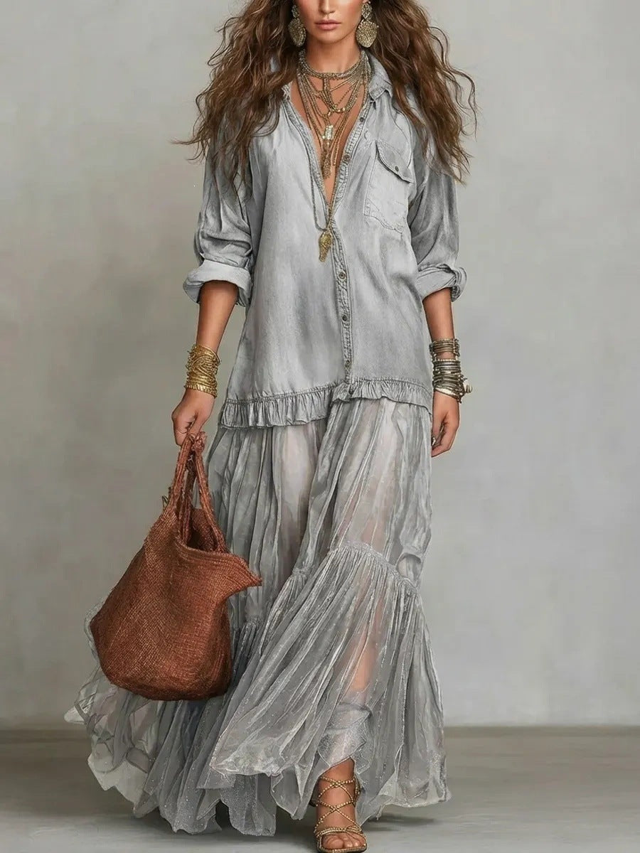 Product detail photo of Faux Denim Lapel Maxi Dress, faux denim lapel maxi dress, everyday style