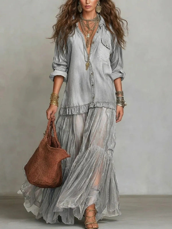 Product detail photo of Faux Denim Lapel Maxi Dress, faux denim lapel maxi dress, everyday style