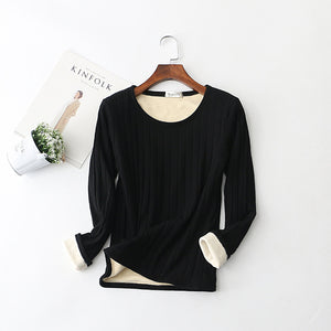 Black fleece lined cotton top - slim long sleeve base layer for women