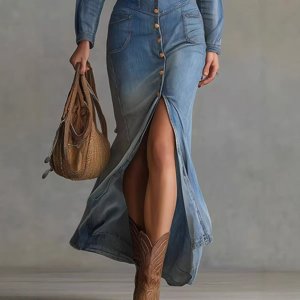 Blue long-sleeve denim maxi dress product image