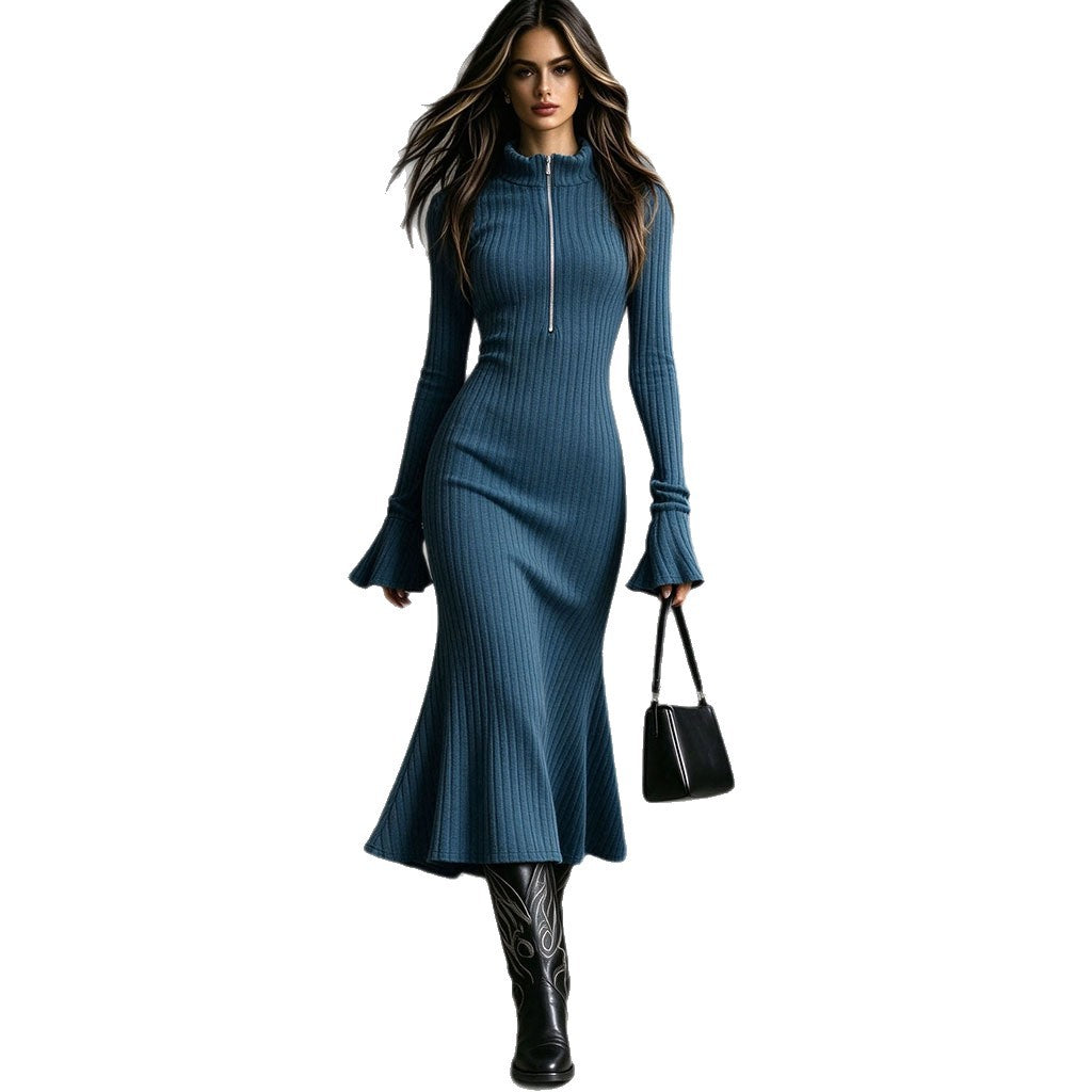 Half-zip ribbed knit long dress for women, image 4