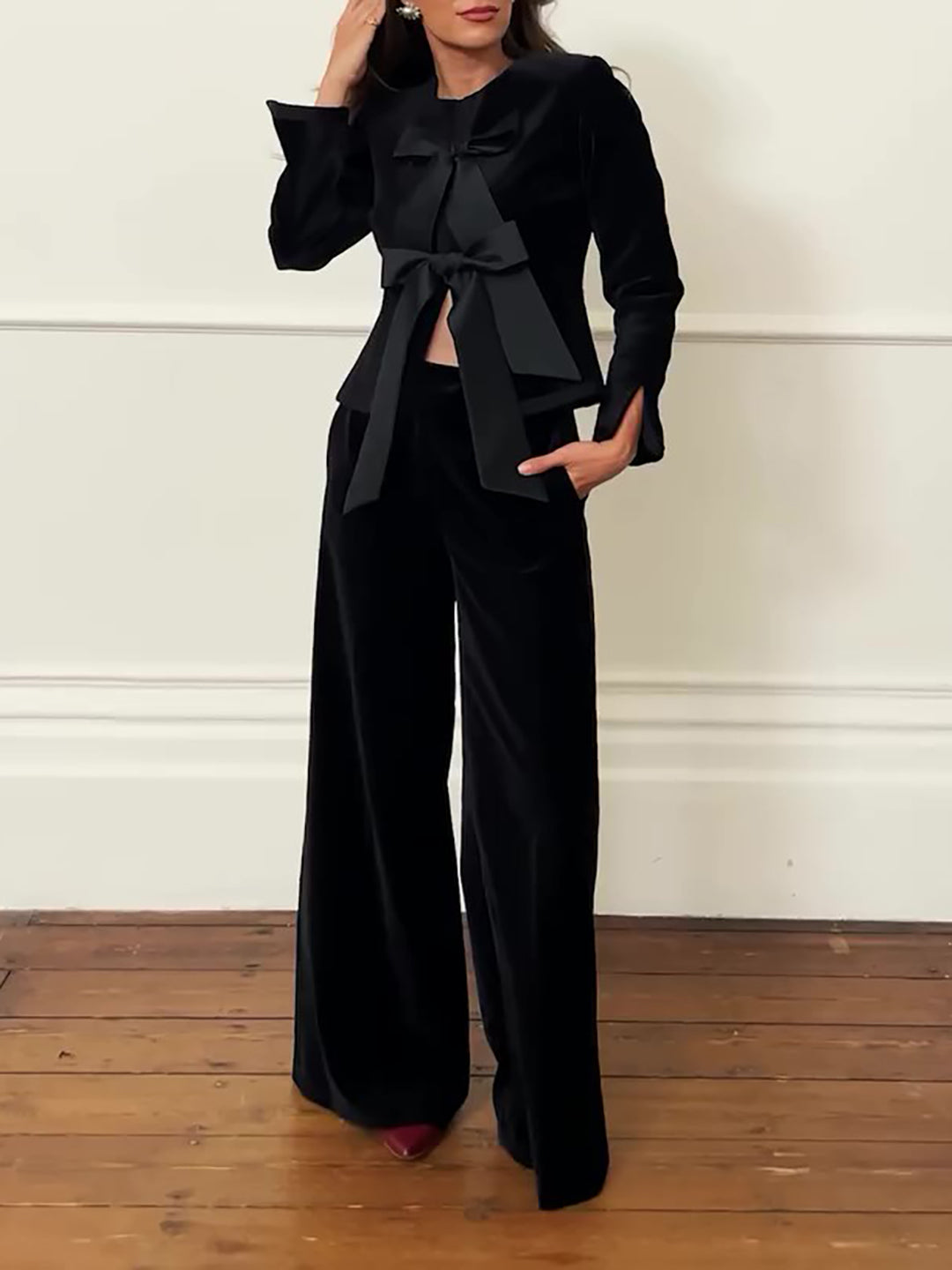 Black Bow Jacket & Wide-Leg Pants Suit, front product view