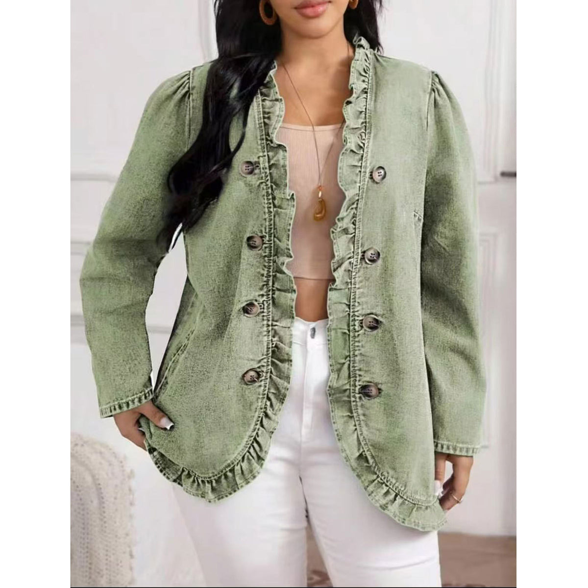 Cross-border European And American Style Dark Blue Ruffled Denim Jacket For Women, With A Lapel, Single-breasted, Long Sleeves, And A Fitted, Slimming Silhouette, In A French Style additional product view
