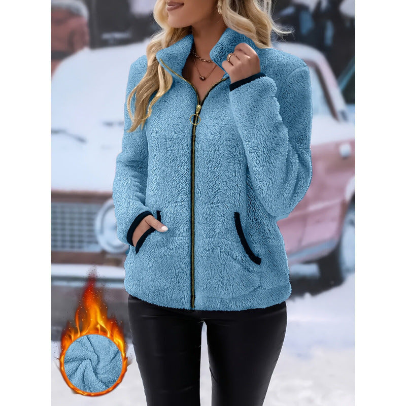 Lake Blue unisex double-sided fleece zip-up hoodie for women