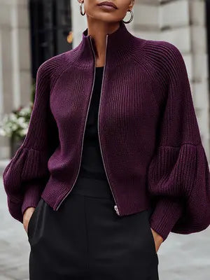Stand collar zip-up knit cardigan for women, image 4