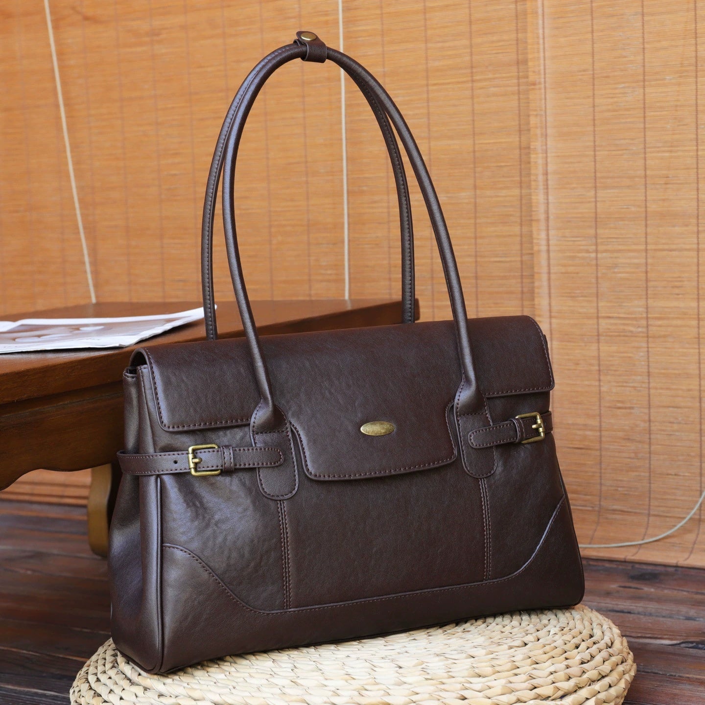 Cowhide Leather Tote Bag for Women – Large Capacity Commuter Bag, angled product view