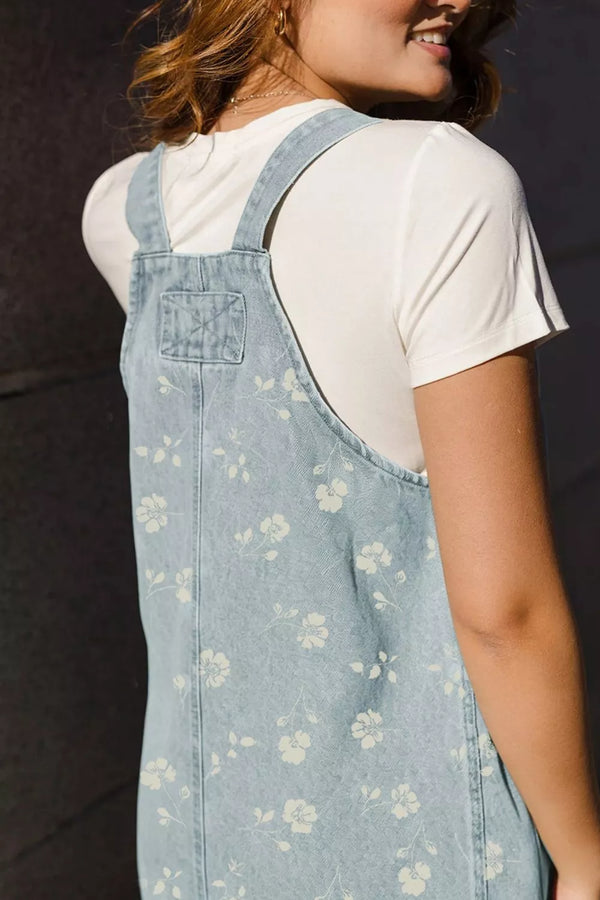 Wash Denim Floral Print Overall Mini Dress view 3