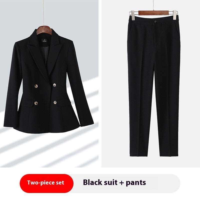 Double-Breasted Slim Fit Women's Suit Set – Blazer & Trouser Office Wear, close-up product view