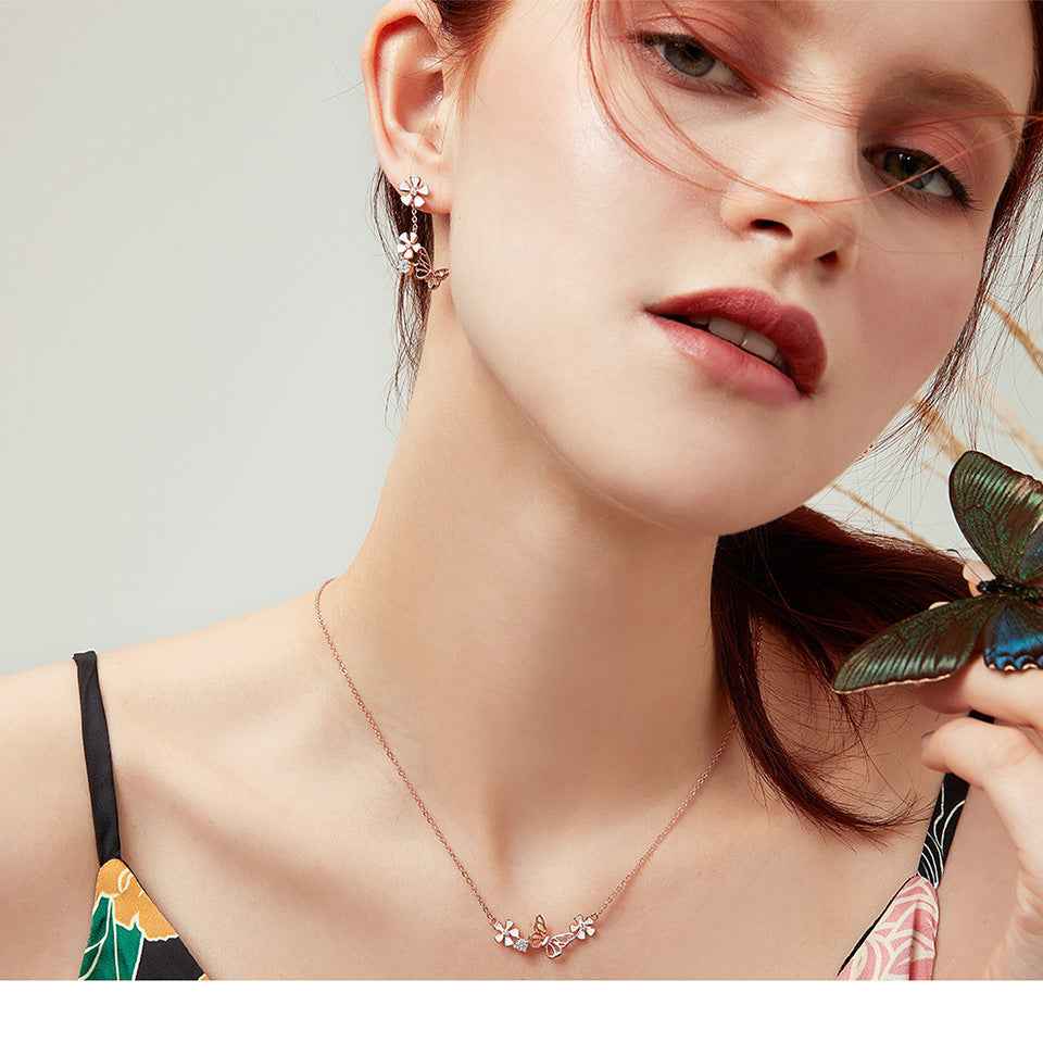 Butterfly and flower pendant necklace in silver-plated alloy — additional view 2