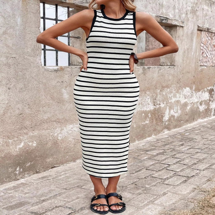 Model wearing the Striped Sleeveless Bodycon Midi Dress