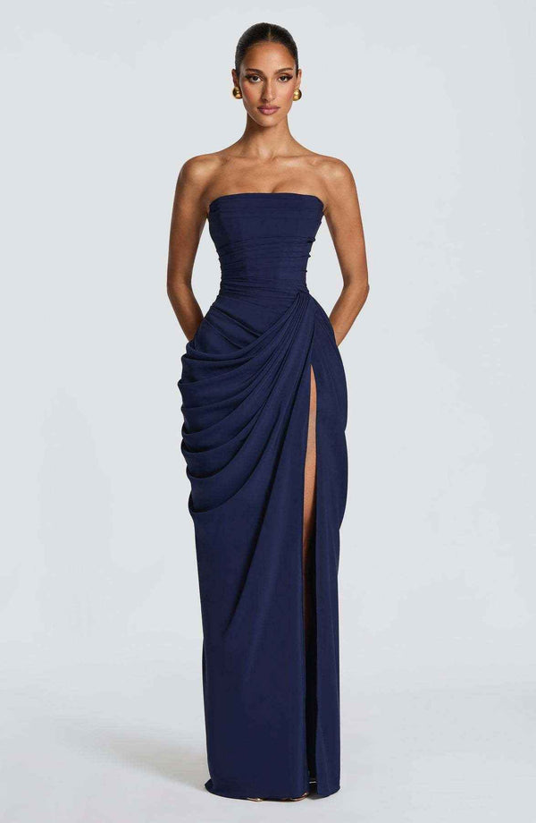 Asymmetrical Off-Shoulder Bodycon Dress-Maxi Dress.-Splashis-Color:Dark blue-Size:XL-Splashis