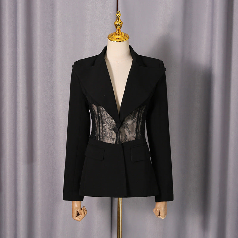 Lace Trim Fitted Blazer for Women, angled product view