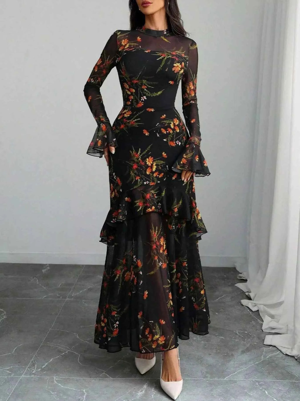 Floral flounce sleeve mermaid maxi dress — additional view 7
