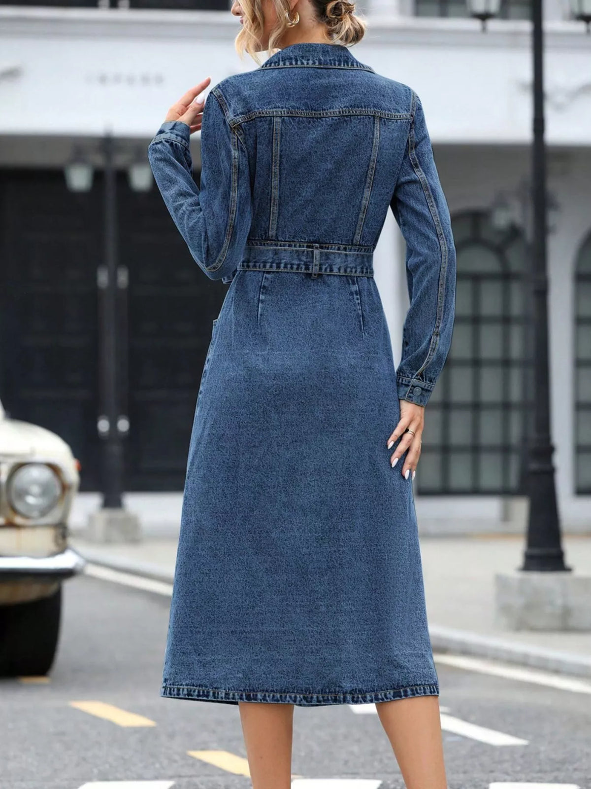 Belted Long Sleeve Denim Dress, product view 7