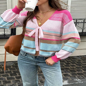 Striped tie-front cardigan with ribbed knit detail