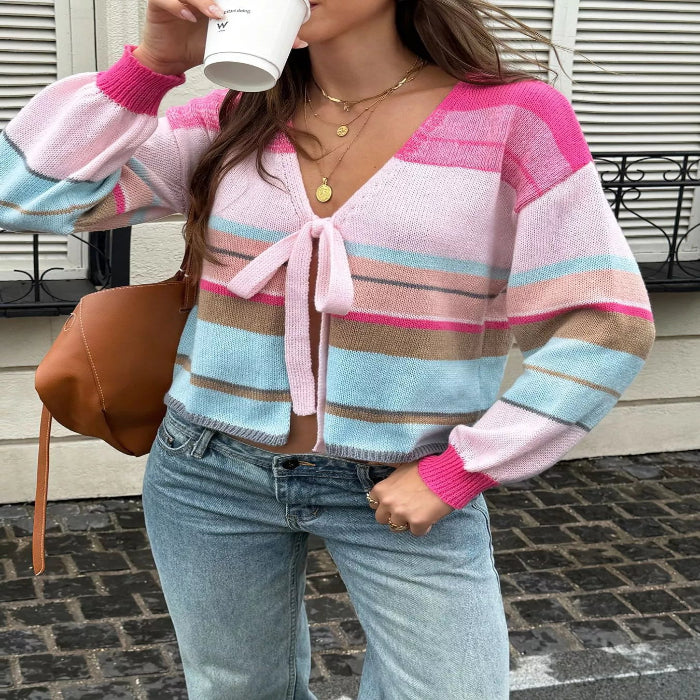 Model wearing the Striped Tie-Front Cardigan