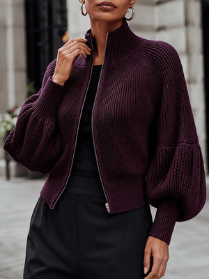 Stand collar zip-up knit cardigan for women, image 5