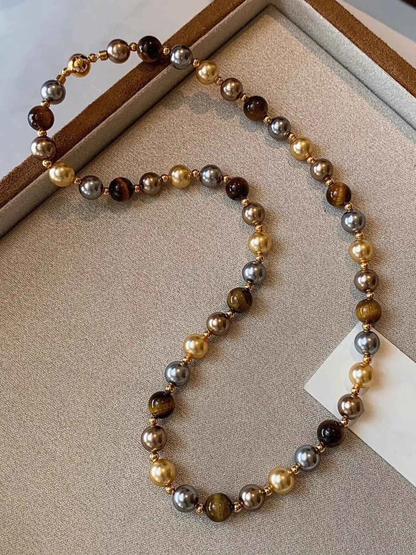 Tiger Eye & Pearl Beaded Necklace, side product view