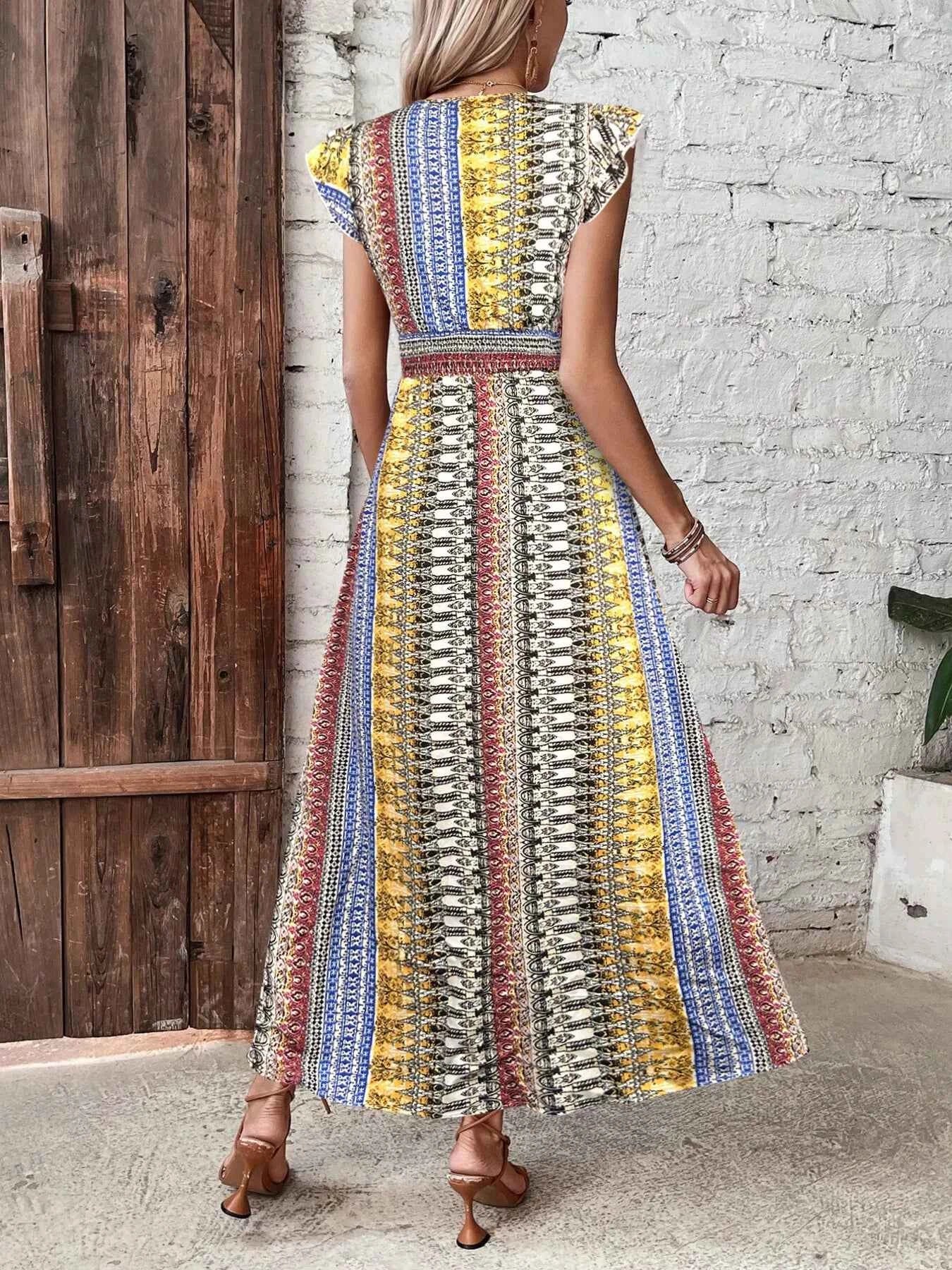 Boho Print Ruffle Sleeve Slit Dress-Casual Dresses-Splashis-Splashis
