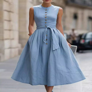 Sea Blue full size sleeveless button-front belted midi dress plus size for women