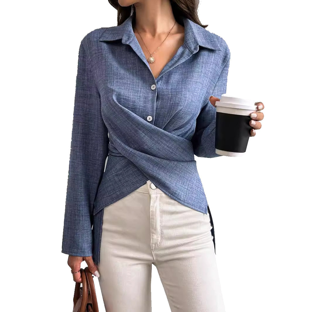 Product detail photo of Cross Tied Pleated Long Sleeve Shirt, Women’s Shirt, everyday style