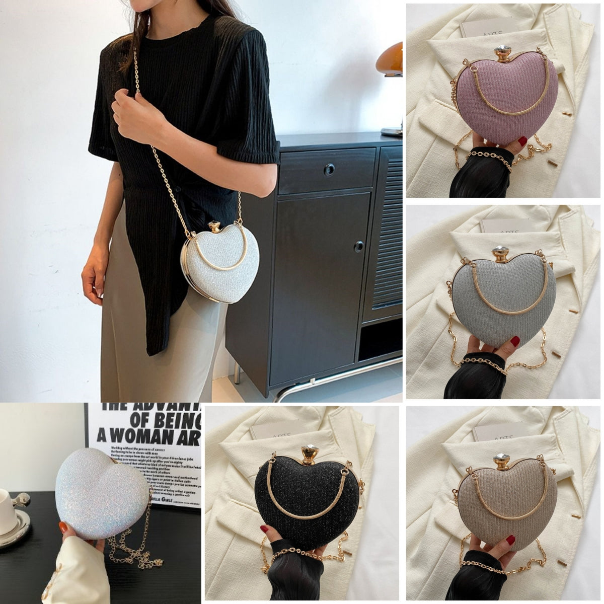 Heart Shape Metal Clutch Bag with Chain Strap, shown in a clear product image