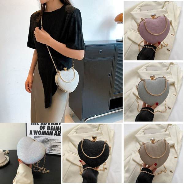 Heart Shape Metal Clutch Bag with Chain Strap, shown in a clear product image