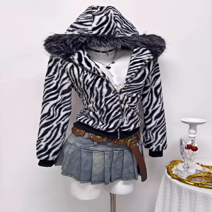 Zebra faux fur hooded zip-up jacket — primary view