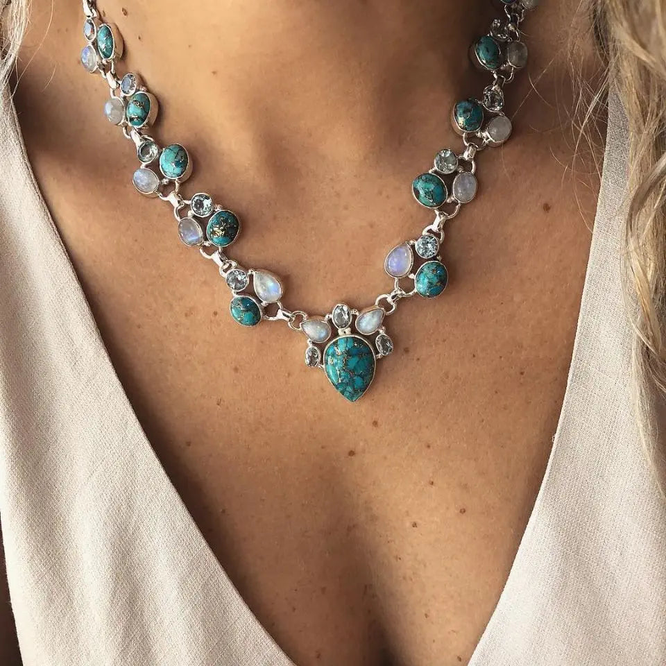 Turquoise Inlay Bohemian Floral Statement Necklace additional product view
