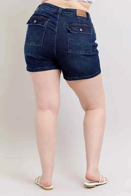 High Rise Back Flap Pocket Denim Shorts-Denim Shorts-Splashis-Splashis