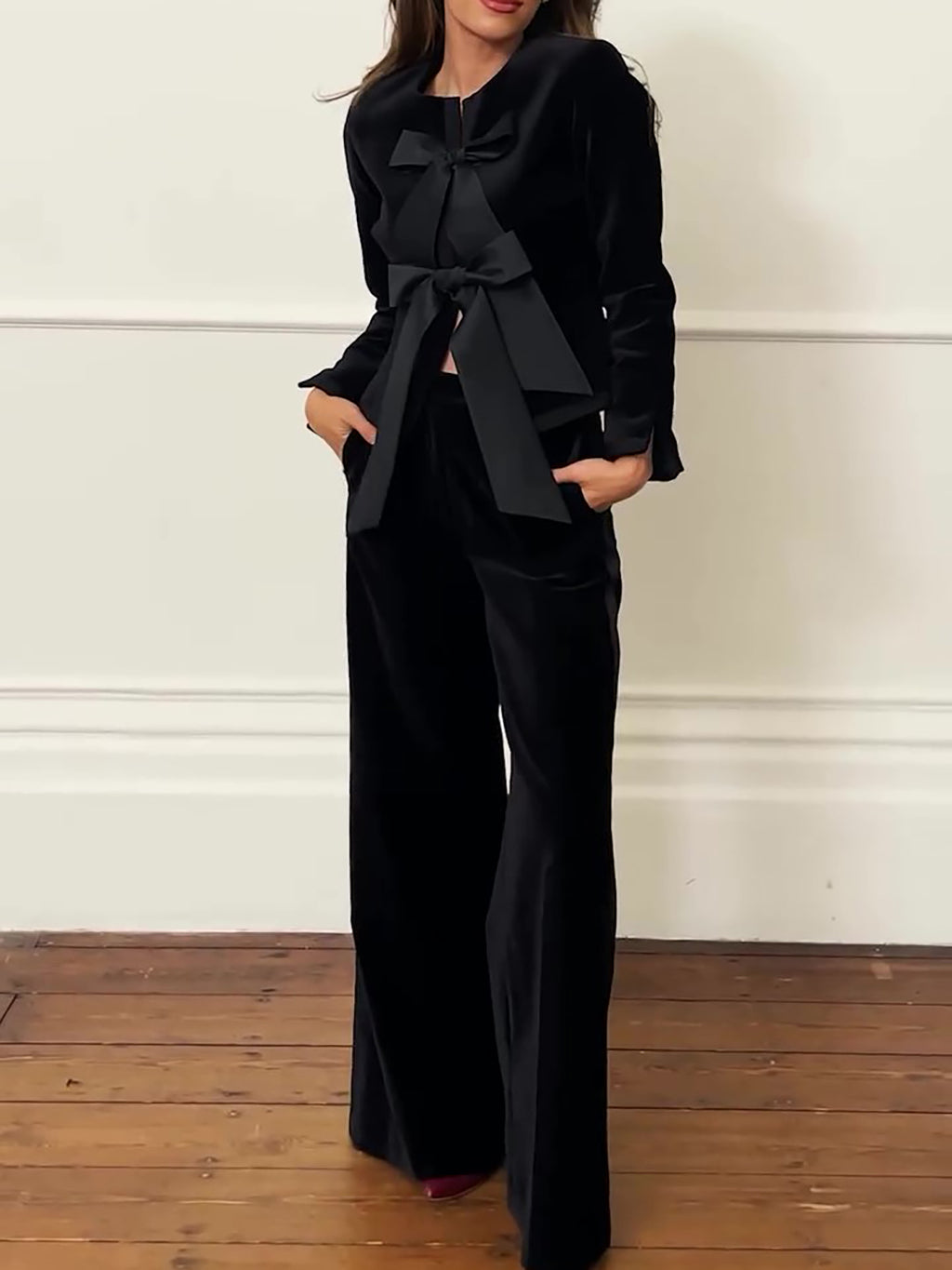 Black Bow Jacket & Wide-Leg Pants Suit, angled product view