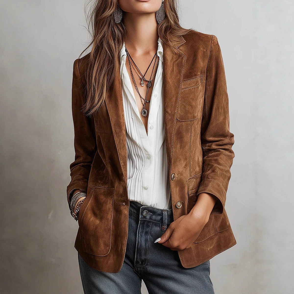 Women's Faux Suede Jacket - Single-Breasted Retro Blazer product image