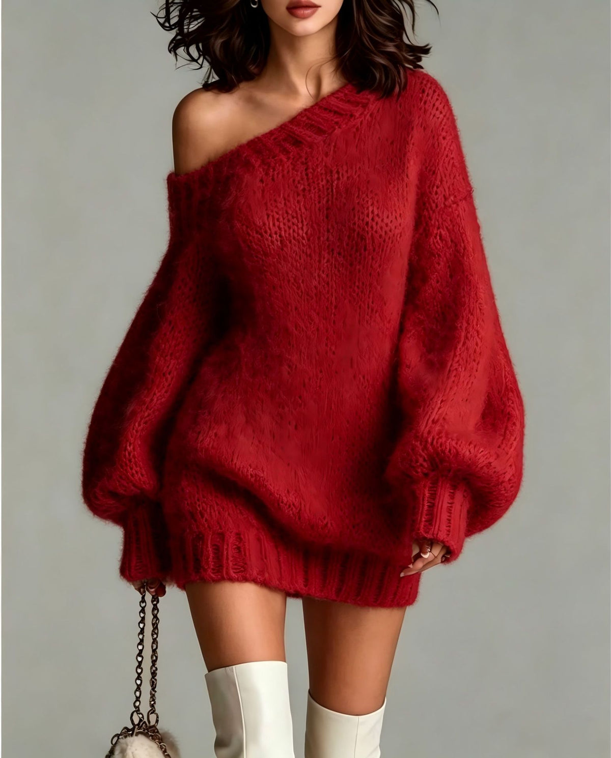 Red fuzzy off-shoulder sweater with balloon sleeves, worn by a model