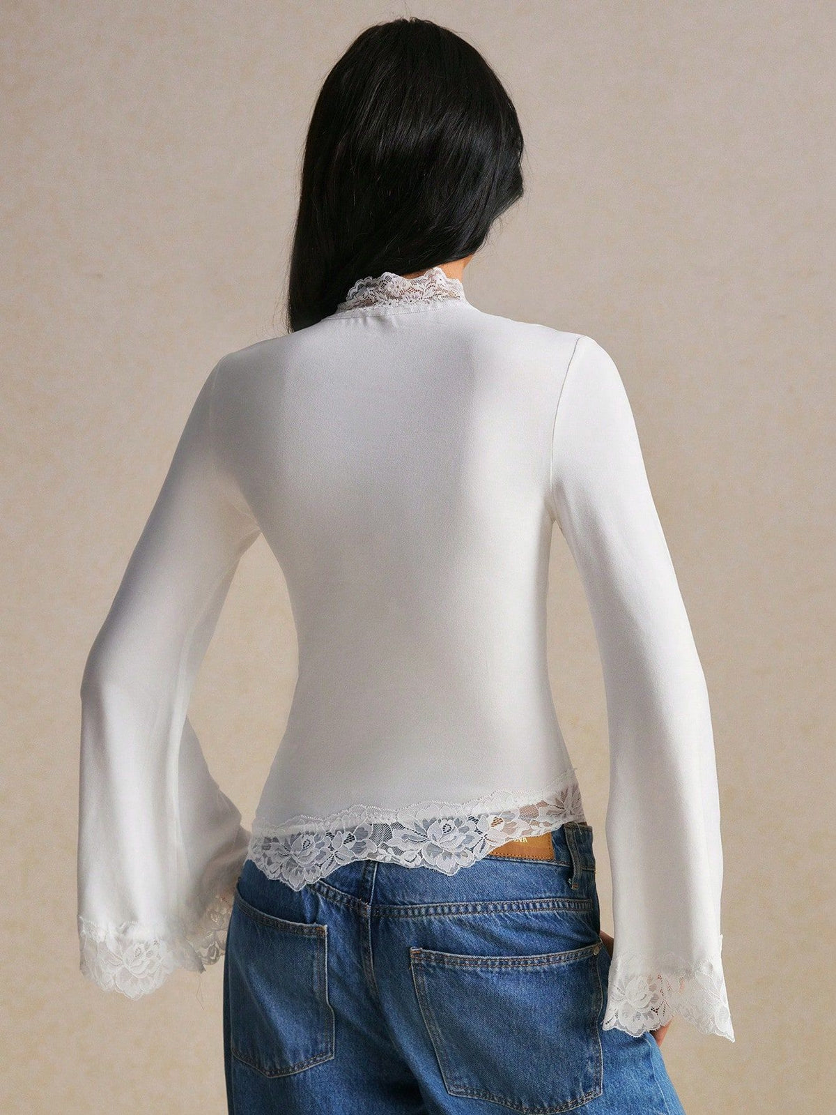 Women's Lace Panel Bell Sleeve Top - Flared Cuff Long Sleeve additional product view