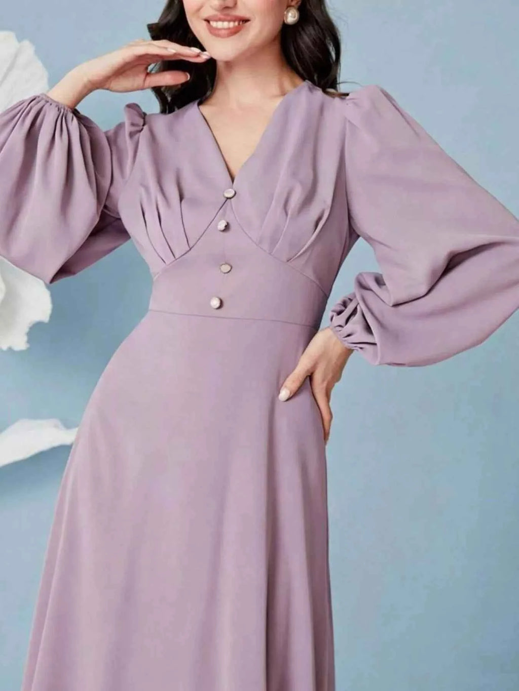 Balloon sleeve V-neck maxi dress — additional view 2