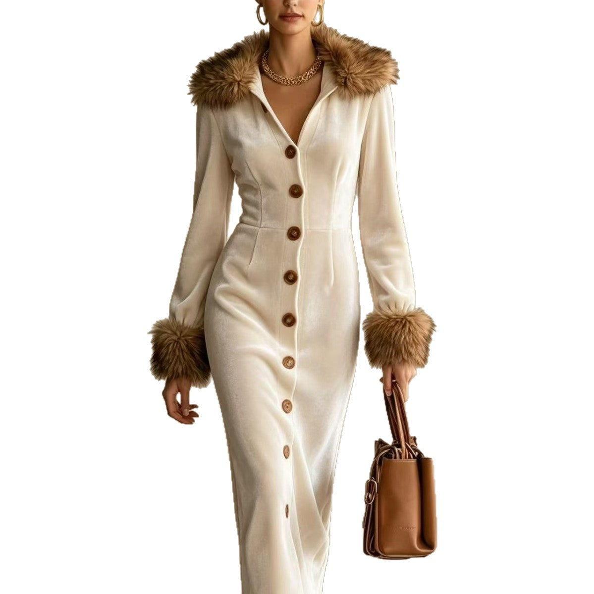 Faux Fur Collar Button-Front Midi Dress product image
