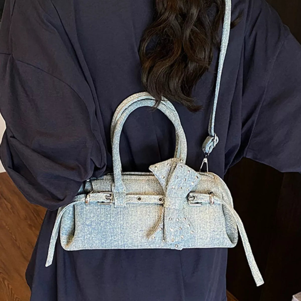 Denim Bow Crossbody Bag, front product view