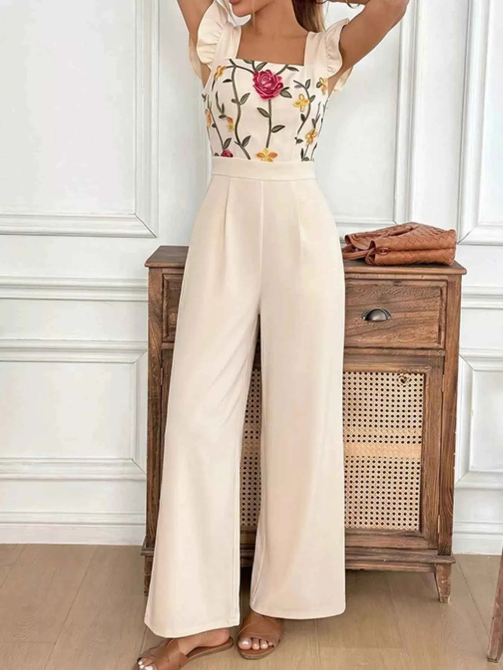 Floral embroidered jumpsuit with ruffles — additional view 3