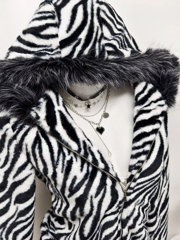 Zebra faux fur hooded zip-up jacket — additional view 2