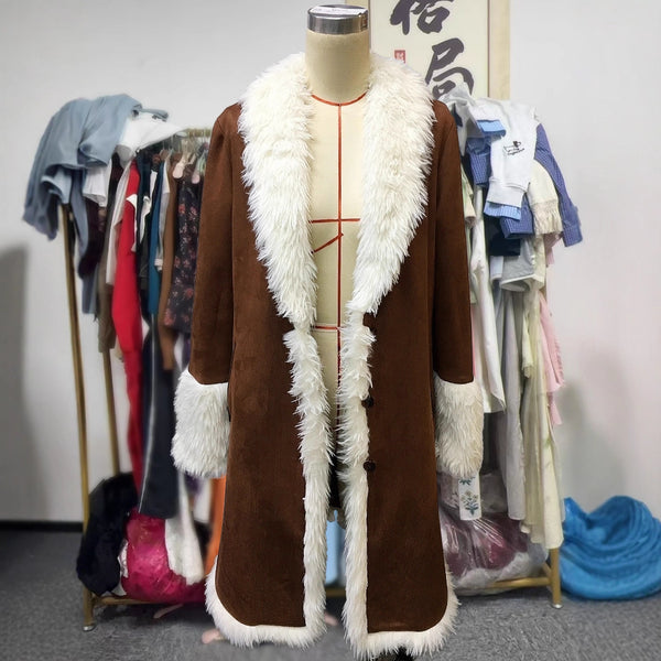 Brown suede-look long coat with cream plush trim, front view on a mannequin