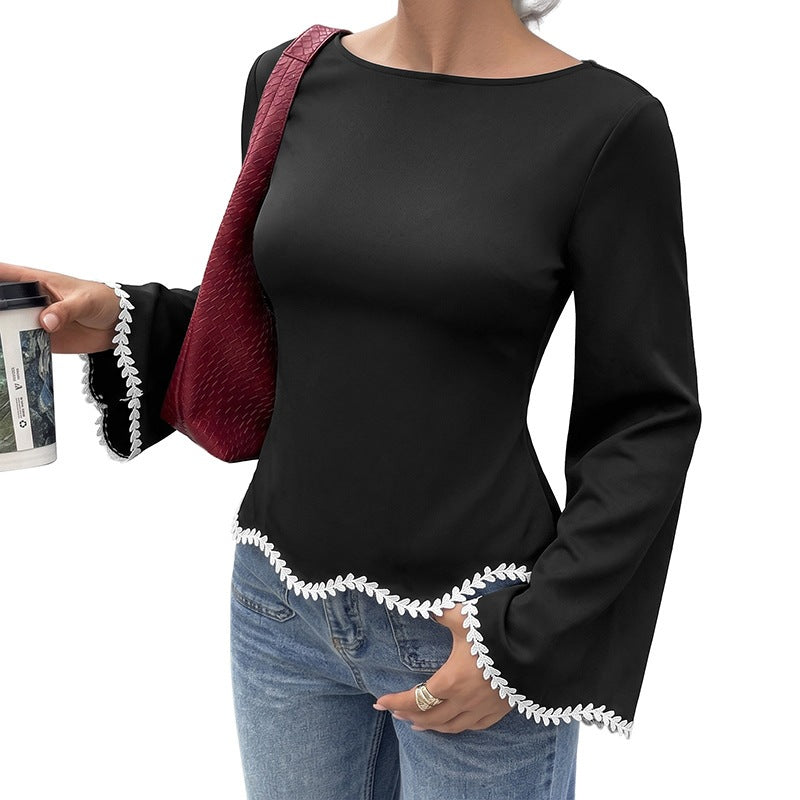 Lace-Trimmed A-Line Floral-Edge Long-Sleeve Blouse, side product view