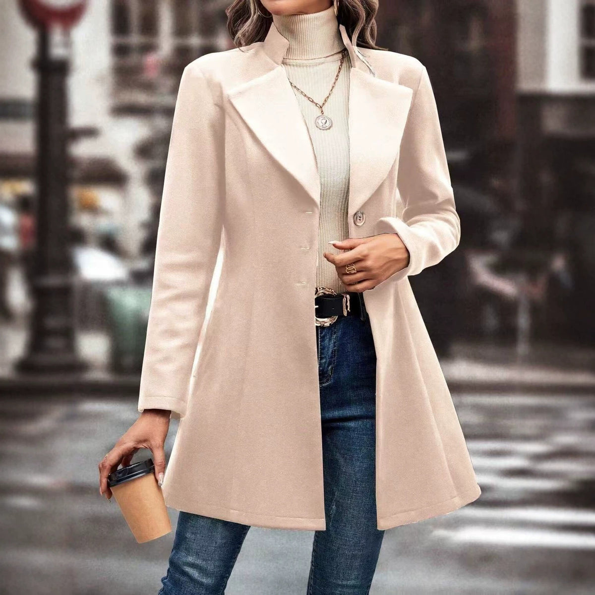 Women's Lapel Collar Slim Fit Coat – Black, Brown or White additional product view