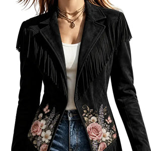 Black women's jacket with floral details and fringe along the shoulders and hem