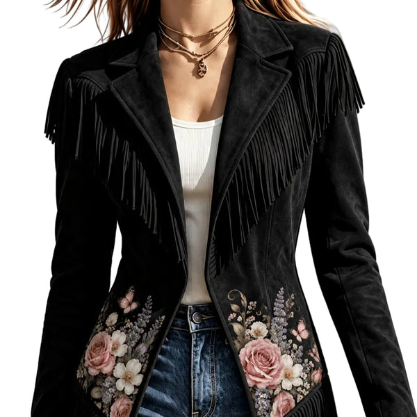 Black women's jacket with floral details and fringe along the shoulders and hem