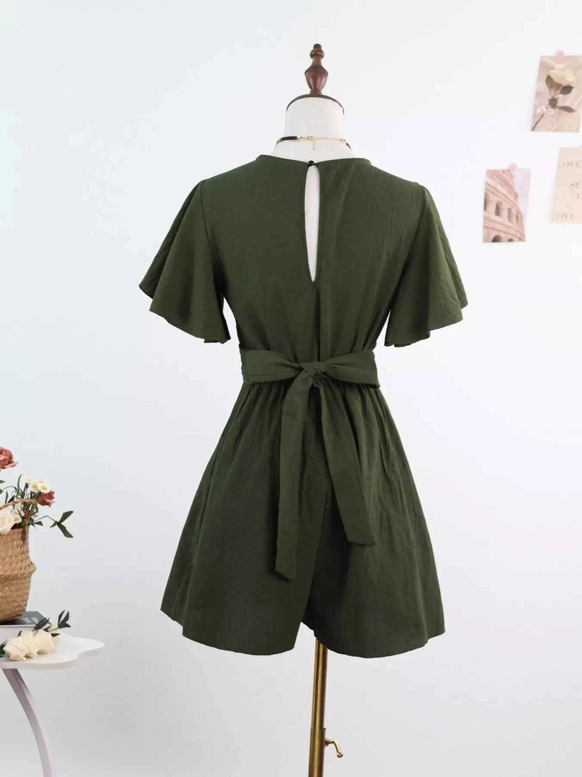 Tie Waist Flutter Sleeve Romper, alternate product view