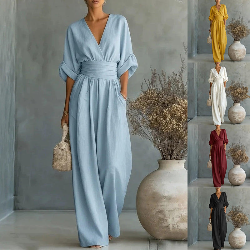 Short-sleeve V-neck wide-leg jumpsuit product image