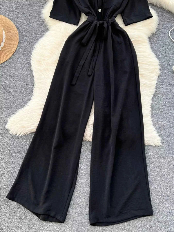 Belted tie waist wide leg jumpsuit — additional view 4