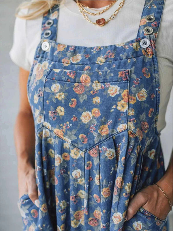 Floral print wide leg denim overalls — additional view 5